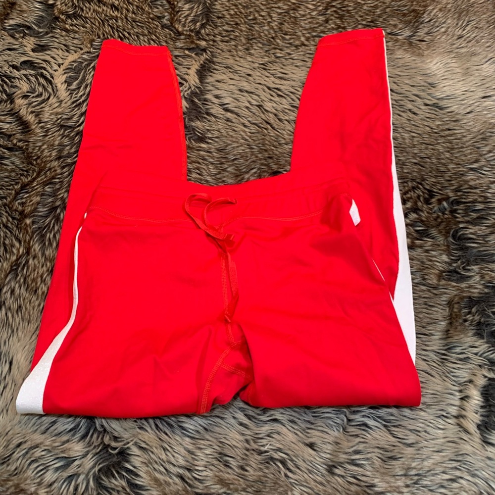 Spiritual gangster, red joggers/leggings with white sparkly stripe down each leg